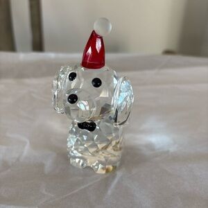 Festive Christmas Crystal Art Glass Sitting Dog w Santa Hat Collectible Figurine